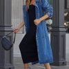 Women's Vintage Notched Collar Double Breasted Over Knee Midi Long Denim Jacket Trench Coat with Belt