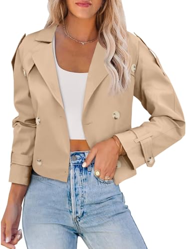 Womens Lapel Trench Coat Double Breasted Cropped Jacket Casual Outwear with Belt