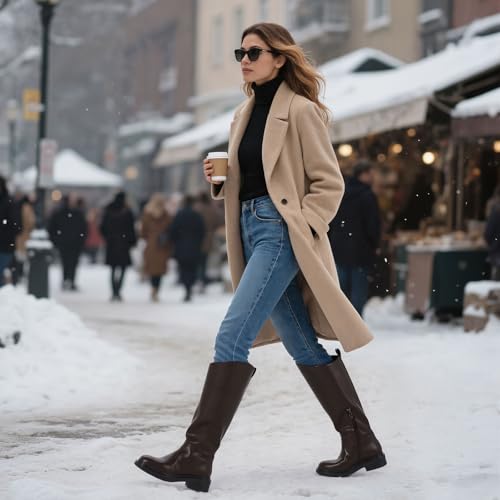 41x22HL820L.jpg Knee High Boots for Women Round Toe Flat Low Chunky Heel Boot Side Zipper Dress Long Fashion Tall Boot Fall Winter Riding Wide