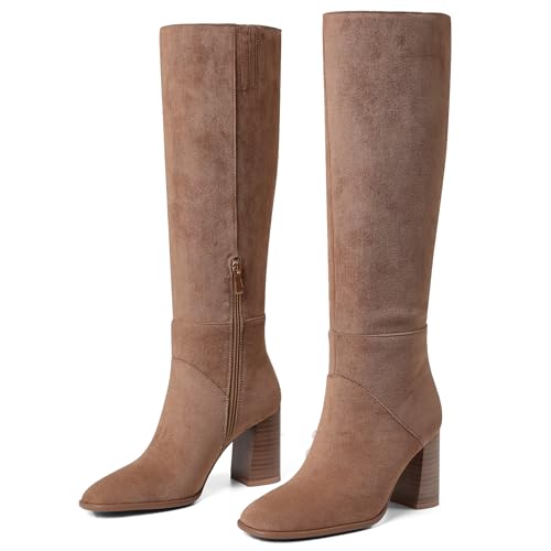 41xJHkJyTlL.jpg Knee High Boots Women Fall Winter Faux Suede Square Toe Chunky Block Heel Wide Calf Boots Fashion Side Zipper Long Boot
