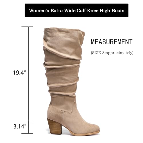Women's Extra Wide Calf Slouchy Knee High Boots, Wide Width Knee-High Boots Low Stacked Heel Side Zipper Winter Fall Tall Boots.