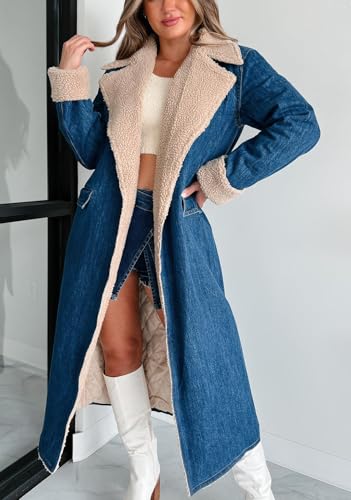 Womens Warm Winter Sherpa Fleece Lined Long Denim Coat Windproof Thick Denim Trench Coat with Belt