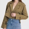 Womens Cropped Bike Jacket Casual Double Breasted Trench Coat with Belt