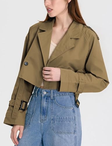 Womens Cropped Bike Jacket Casual Double Breasted Trench Coat with Belt