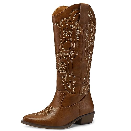 41yUBU-bP8L.jpg Women's Cowboy Boots Mid Calf Cowgirl Embroidered Western Pointed Toe Chunky Heel Pull On Knee High Boots