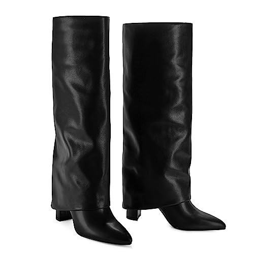 41zmbay6XvL.jpg Knee High Boots Women Fold Over Knee High Boots Chunky High Heels Long Boots Zipper Pointed Toe Dress Tall Boots for Women
