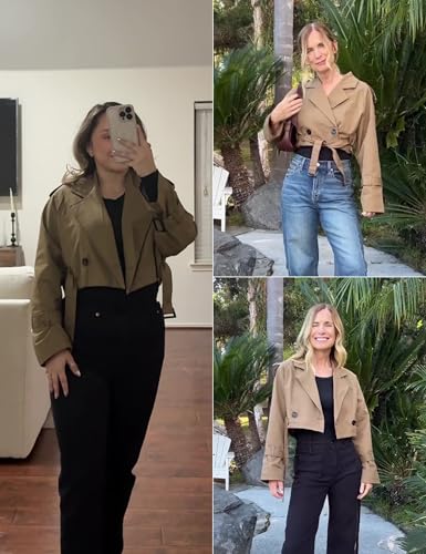 Womens Cropped Bike Jacket Casual Double Breasted Trench Coat with Belt