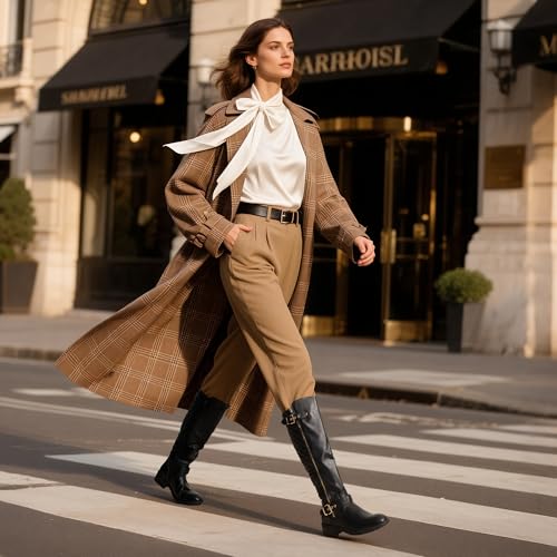 51-ZLWh1s4L.jpg Women's Knee High Boots Low Block Heel Riding Boots Round Toe Side Zipper Biker Motorcycle Buckle Boots