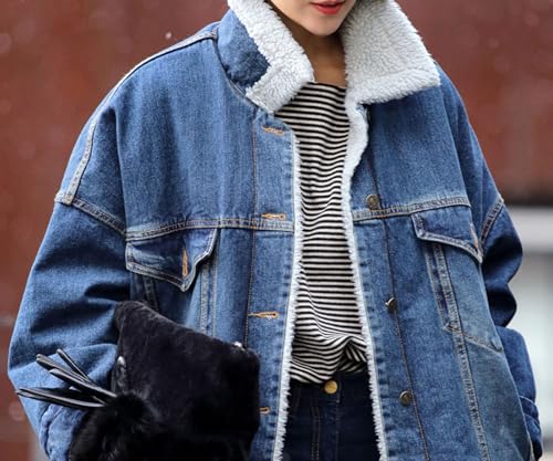 5154a8YVL1L.jpg Women Long Sherpa Fleece Lined Jeans Jacket Denim Trench Coat Thicken Button Down Patchwork Trucker Coat Overcoat