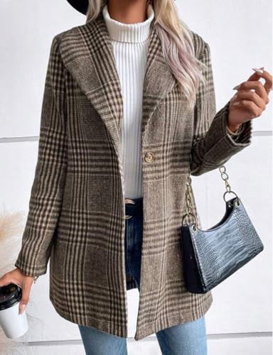 51Ah3lc0ISL.jpg Long Wool Plaid Blazer for Women Fall Outfits Winter Trench Coat Long Sleeve Casual Dressy Lapel Jacket Peacoat