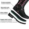 Women's Harness Motorcycle Riding Boots for Biker, Square Toe Lace Up Knee High Boots with Side Zipper, Black PU Leather