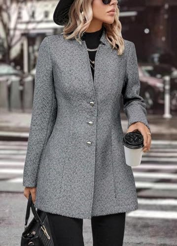 Women's Stand Collar Single Breasted Pea Coat Casual Wool Blend Mid Long Trench Coat Winter Jackets