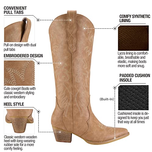 51DuzsAQQSL.jpg Cowboy Boots for Women Cowgirl Boots Embroidered Knee-High Western Boots Pointy Toe with Chunky Heel