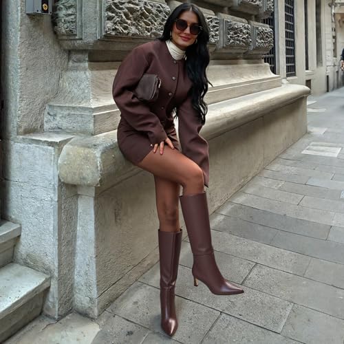 Knee High Boots Womens Wide Calf Kitten Heel Tall Boots Pointed Toe Suede Long Boots Trendy Dress Leather Low Heel High Boots