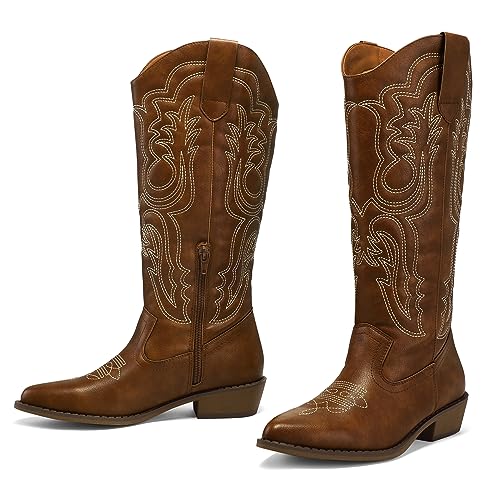 51F-U-WhGhL.jpg Women's Cowboy Boots Mid Calf Cowgirl Embroidered Western Pointed Toe Chunky Heel Pull On Knee High Boots
