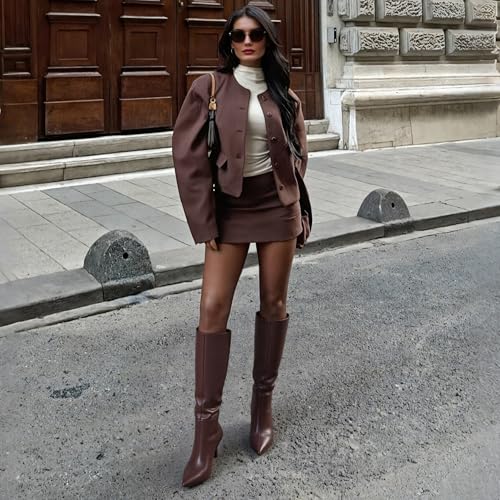 Knee High Boots Womens Wide Calf Kitten Heel Tall Boots Pointed Toe Suede Long Boots Trendy Dress Leather Low Heel High Boots