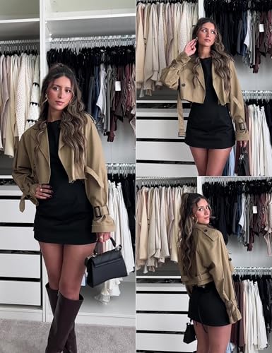 Womens Cropped Bike Jacket Casual Double Breasted Trench Coat with Belt
