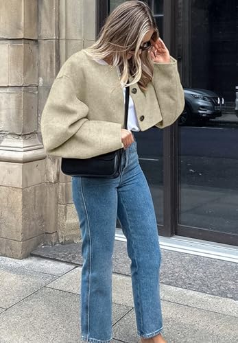 Women Cropped Wool Blend Pea Coat Short Jacket Peacoat Long Sleeve Button Down Crop Jacket