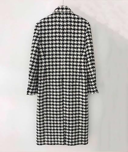 Women's Winter Houndstooth Double Breasted Trench Coat Notch Lapel Wool Blend Warm Quilted Lined Long Overcoat