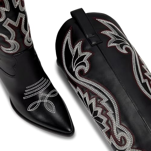 Womens Cowboy Knee High Boots Cowgirl Boots Western Boots with Embroidered Pointed Toe Chunky Heel Slip on Retro Tall Boots
