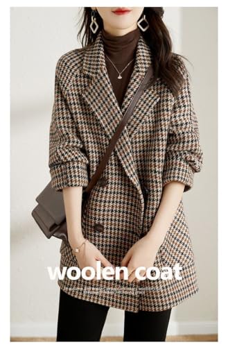 51QJWQKe5EL.jpg Womens Notched Lapel Pea Coat Double Breasted Blazer Jackets Houndstooth Woolen Blend Overcoat with Pockets