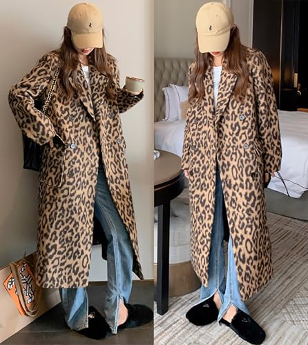 51a0AzymA8L.jpg Womens Leopard Long Wool Trench Coat Notched Lapel Double Breasted Pea Coat Winter Warm Overcoat
