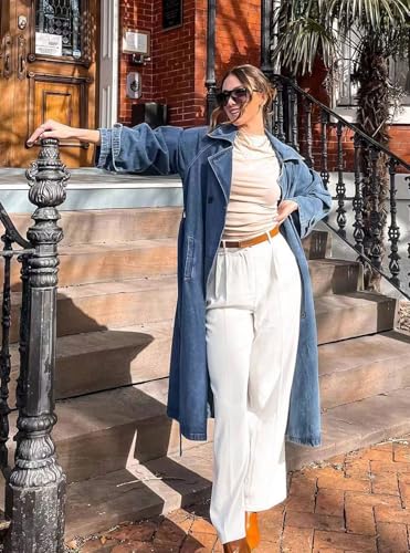 Women's Vintage Notched Collar Double Breasted Over Knee Midi Long Denim Jacket Trench Coat with Belt