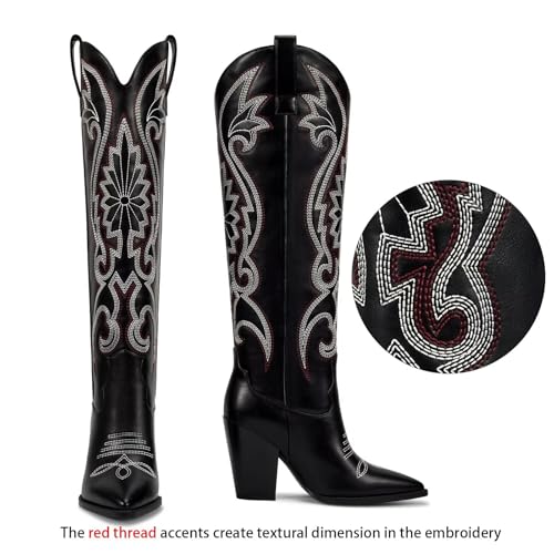 Womens Cowboy Knee High Boots Cowgirl Boots Western Boots with Embroidered Pointed Toe Chunky Heel Slip on Retro Tall Boots