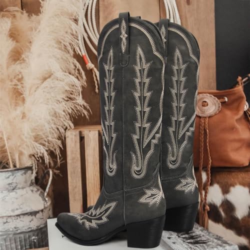Cowboy Boots for Women Knee High Cowgirl Boots with Classic Embroidered Slip On Pointed Toe Chunky Heel Pull On Fashion Retro