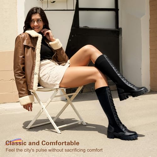 Women's 953 Lace Platform Combat Knee High Boots with Comfort Chunky Heel