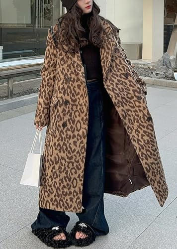 51d0NbtwXZL.jpg Womens Leopard Long Wool Trench Coat Notched Lapel Double Breasted Pea Coat Winter Warm Overcoat