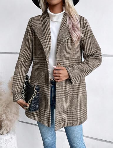 51iACTBZ0YL.jpg Long Wool Plaid Blazer for Women Fall Outfits Winter Trench Coat Long Sleeve Casual Dressy Lapel Jacket Peacoat