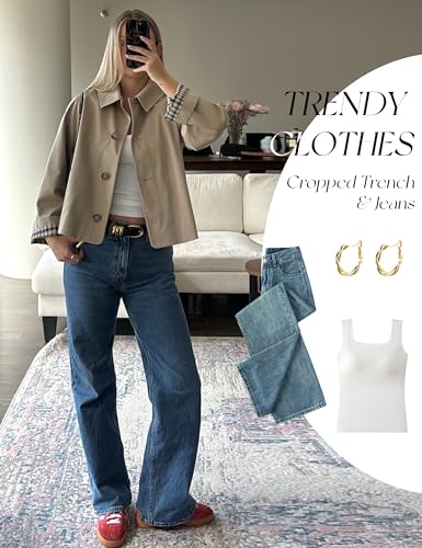 51jPlMxtlTL.jpg Womens Cropped Trench Coat Classic Collar Oversized Casual Jackets with Checkered Lining