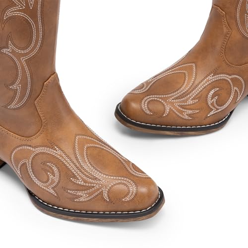 51n0-t336oL.jpg Womens Cowboy Boots Comfortable Cowgirl Knee High Boots Pull On Side Zipper Chunky Heel Embroidered Western Boots