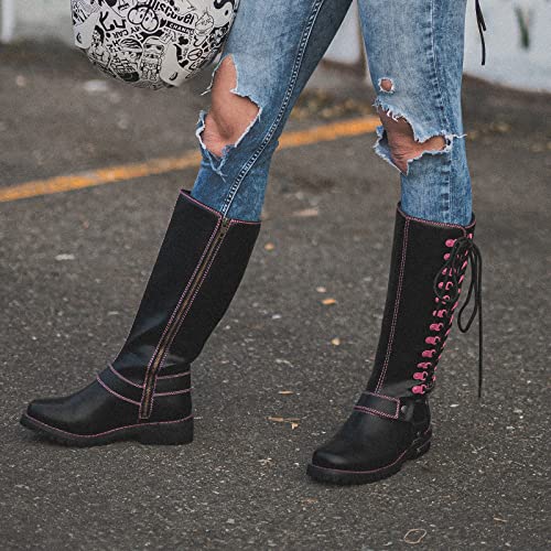 Women's Harness Motorcycle Riding Boots for Biker, Square Toe Lace Up Knee High Boots with Side Zipper, Black PU Leather