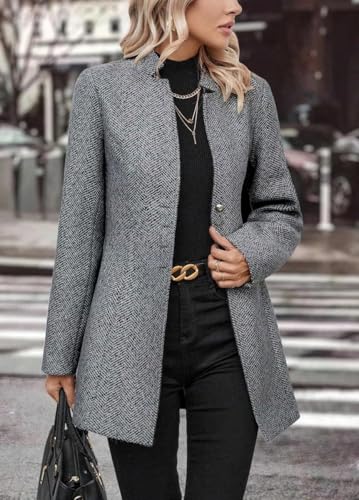 Women's Stand Collar Single Breasted Pea Coat Casual Wool Blend Mid Long Trench Coat Winter Jackets
