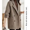 51pO2wJo64L.jpg Womens Notched Lapel Pea Coat Double Breasted Blazer Jackets Houndstooth Woolen Blend Overcoat with Pockets