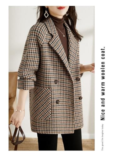 51pO2wJo64L.jpg Womens Notched Lapel Pea Coat Double Breasted Blazer Jackets Houndstooth Woolen Blend Overcoat with Pockets