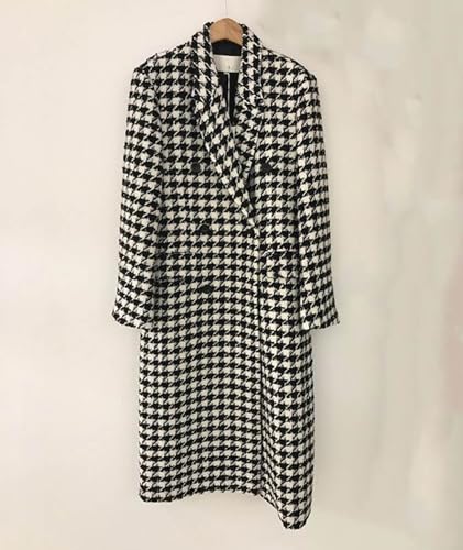 Women's Winter Houndstooth Double Breasted Trench Coat Notch Lapel Wool Blend Warm Quilted Lined Long Overcoat