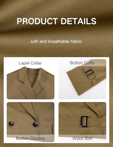 Womens Cropped Bike Jacket Casual Double Breasted Trench Coat with Belt