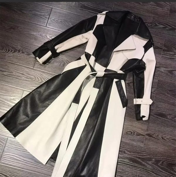 Women's Casual Real Lambskin Designer Handmade Two Tone Long Leather Trench Coat Full Length Overcoat