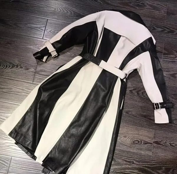 Women's Casual Real Lambskin Designer Handmade Two Tone Long Leather Trench Coat Full Length Overcoat