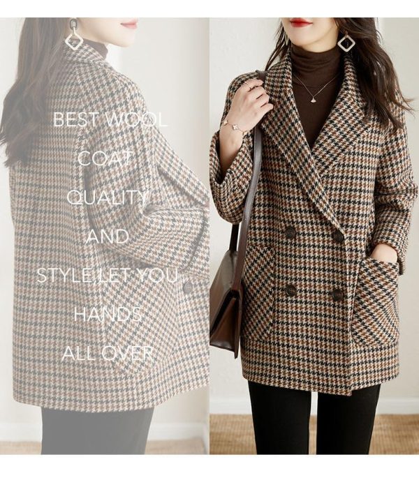 71LjrVFUcLL.jpg Womens Notched Lapel Pea Coat Double Breasted Blazer Jackets Houndstooth Woolen Blend Overcoat with Pockets