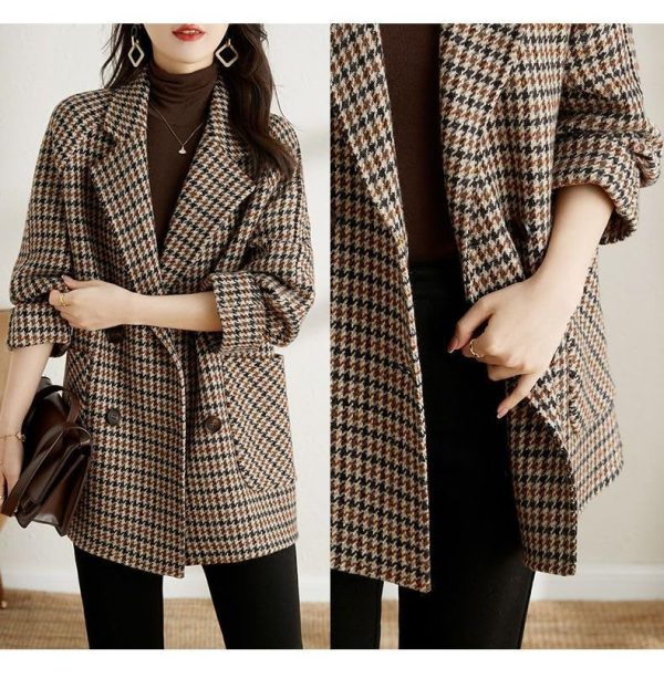 71Lp31hN3OL.jpg Womens Notched Lapel Pea Coat Double Breasted Blazer Jackets Houndstooth Woolen Blend Overcoat with Pockets